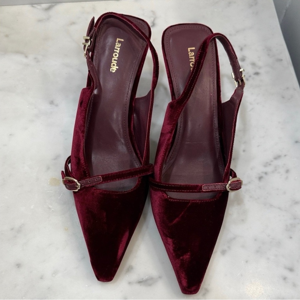 Larroude Burgundy Velvet Slingback Heels